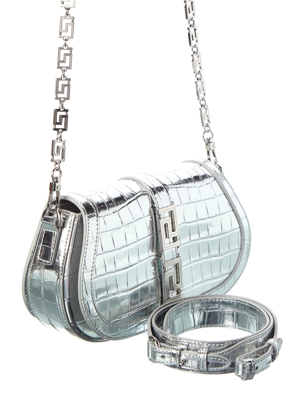 Versace Metallic Silver Croc-Embossed Crossbody Bag with Chain Strap